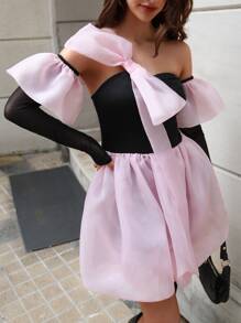 Vestido de color combinado lazo grande globo bajo con mangas de brazo - Rosa Pálido - Ver 3