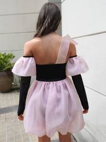 Vestido de color combinado lazo grande globo bajo con mangas de brazo - Rosa Pálido - Ver 2