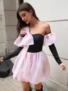 Vestido de color combinado lazo grande globo bajo con mangas de brazo - Rosa Pálido - Ver 5