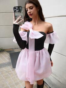 Vestido de color combinado lazo grande globo bajo con mangas de brazo - Rosa Pálido - Ver 6