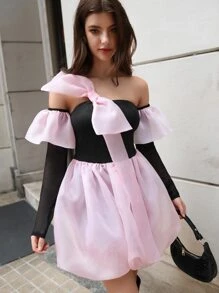 Vestido de color combinado lazo grande globo bajo con mangas de brazo - Rosa Pálido - Ver 1