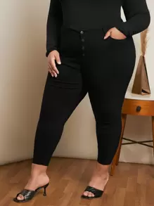 SHEIN CURVE+ Jeans ajustados con botón - Negro - Ver 1