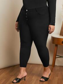 SHEIN CURVE+ Jeans ajustados con botón - Negro - Ver 4