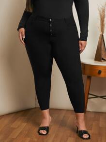 SHEIN CURVE+ Jeans ajustados con botón - Negro - Ver 5