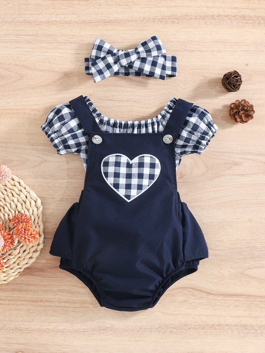 嬰兒雙色格子襯衫和愛心刺繡背帶連體衣和髮箍 - 藍白色 - 查看 1