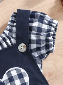 嬰兒雙色格子襯衫和愛心刺繡背帶連體衣和髮箍 - 藍白色 - 查看 4