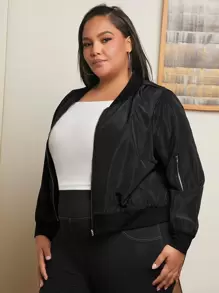 SHEIN CURVE+ Plus Zip Up Bomber Jacket - Black - View 1