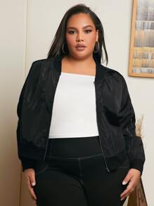 SHEIN CURVE+ Plus Zip Up Bomber Jacket - Black - View 5