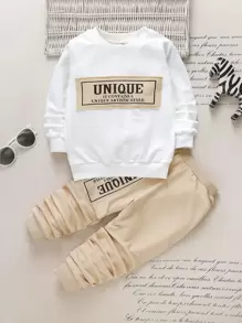SHEIN 年轻男孩拼色字母图案运动衫和运动裤 - 彩色 - 查看 1