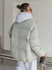 DAZY Letter Patched Drop Shoulder Drawstring Hem Padded Thick Pockets Coat, Ladies Winter Casual Drawstring, Patched, Pocket, Zipper Drop Shoulder Funnel Neck Regular Fit Grey Plain Women Padded Coats, Winter Warmth/ Winter Fashion, Women Winter Coat Jacket