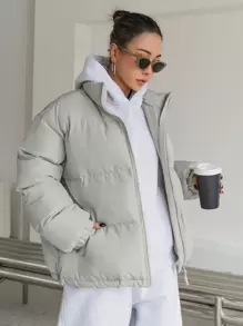 DAZY Letter Patched Drop Shoulder Drawstring Hem Padded Thick Pockets Coat, Ladies Winter Casual Drawstring, Patched, Pocket, Zipper Drop Shoulder Funnel Neck Regular Fit Grey Plain Women Padded Coats, Winter Warmth/ Winter Fashion, Women Winter Coat Jacket