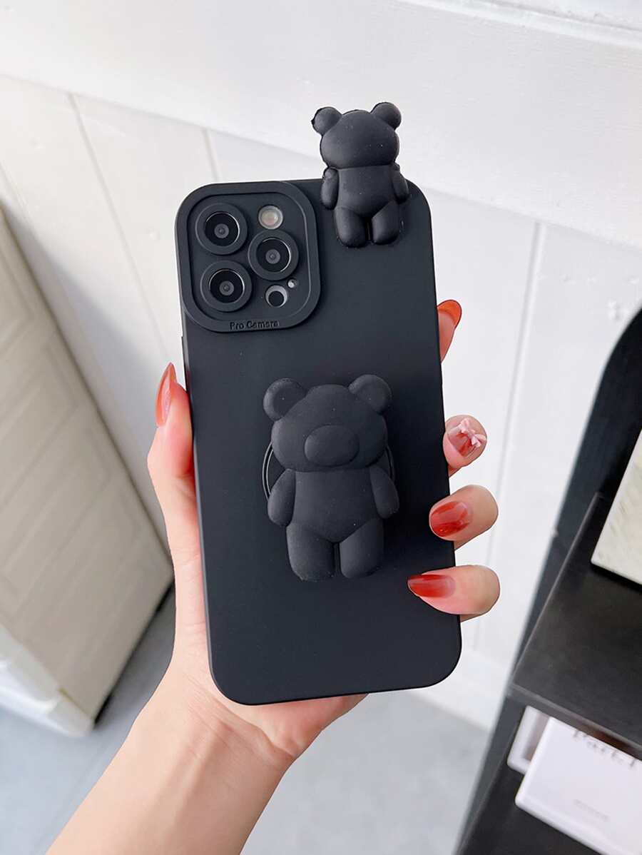 3d Lying Bear Phone Case With Stand, Compatible With Iphone 15 Pro Max, Compatible With Xiaomi, Compatible With Samsung - Black - View 1