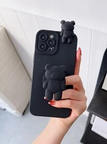3d Lying Bear Phone Case With Stand, Compatible With Iphone 15 Pro Max, Compatible With Xiaomi, Compatible With Samsung - Black - View 3