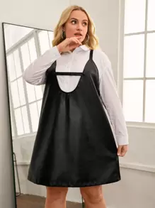 SHEIN Privé Plus Cut Out Front PU Leather Pinafore Dress Without Shirt - Black - View 1