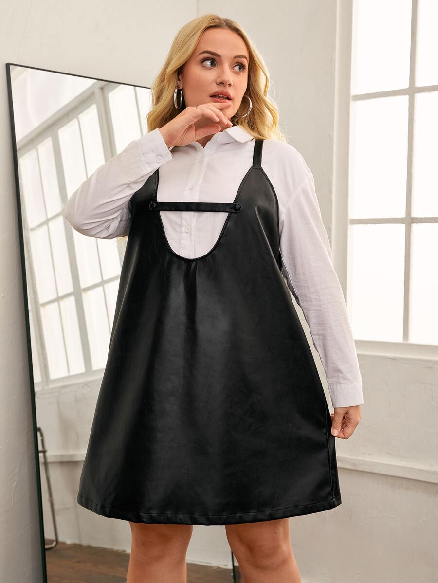 SHEIN Privé Plus Cut Out Front PU Leather Pinafore Dress Without Shirt - Black - View 1