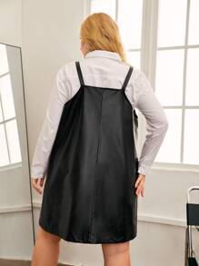 SHEIN Privé Plus Cut Out Front PU Leather Pinafore Dress Without Shirt - Black - View 2