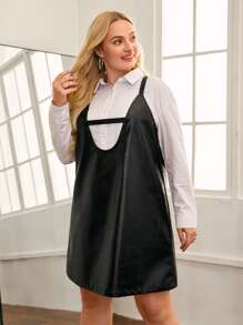 SHEIN Privé Plus Cut Out Front PU Leather Pinafore Dress Without Shirt - Black - View 3