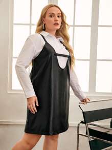 SHEIN Privé Plus Cut Out Front PU Leather Pinafore Dress Without Shirt - Black - View 5
