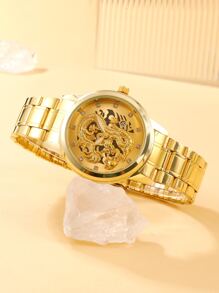 1pc Men Rhinestone Decor Quartz Watch & 1pc Bracelet