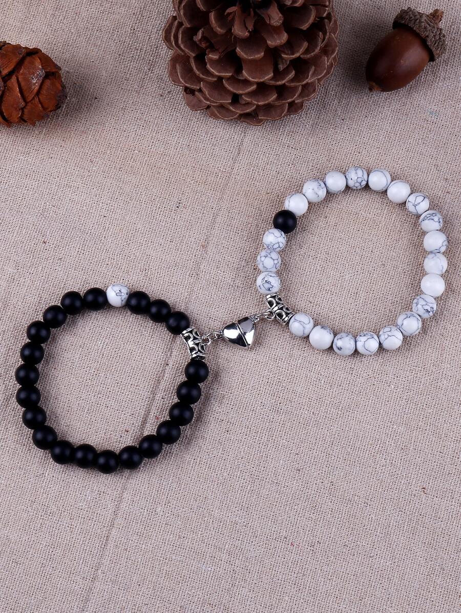 2pcs Couple Magnetic Heart Charm Beaded Bracelet - Black and White - View 1