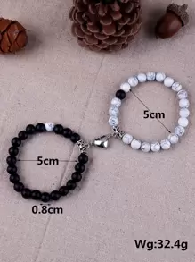 2pcs Couple Magnetic Heart Charm Beaded Bracelet - Black and White - View 3