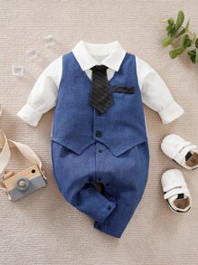 Yierying Baby Boy Colorblock Tie Patched Button 2 In 1 Jumpsuit