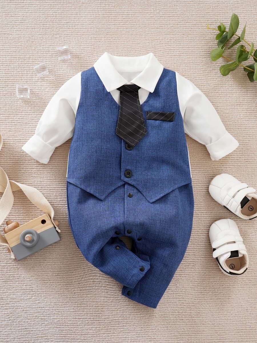 Yierying Baby Boy Colorblock Tie Patched Button 2 In 1 Jumpsuit