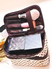 1pc Polka Dot Pattern Waterproof Makeup Bag - Beige - View 1