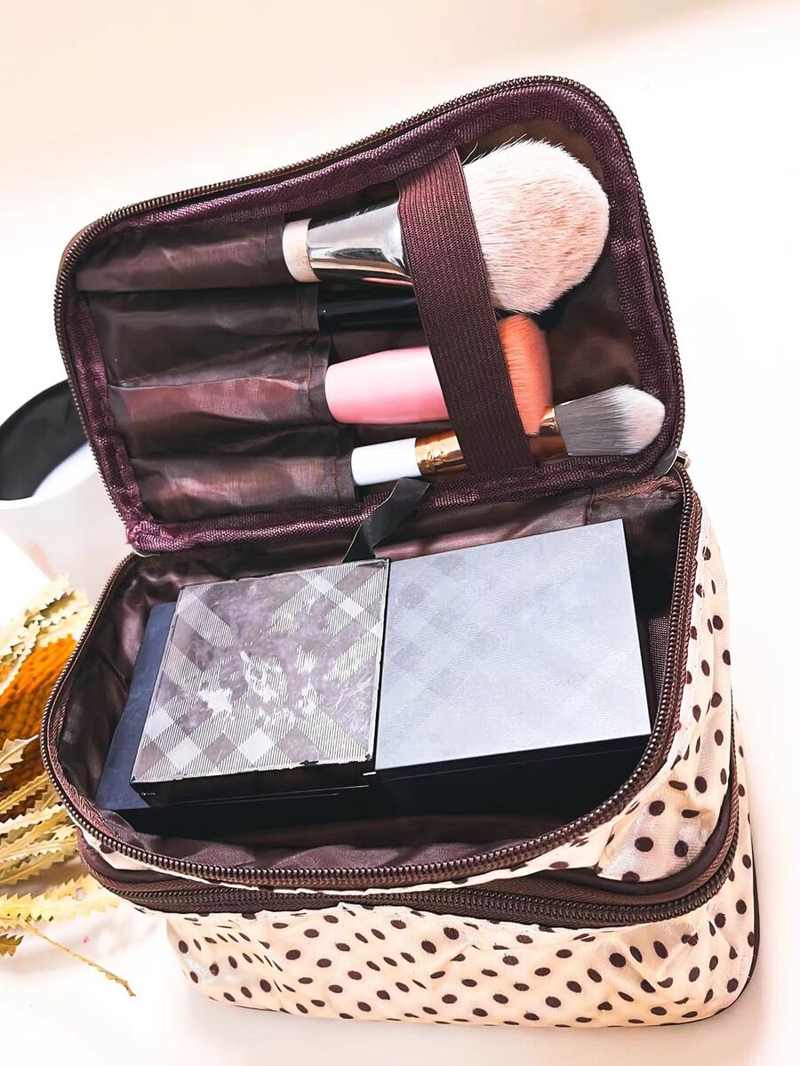1pc Polka Dot Pattern Waterproof Makeup Bag - Beige - View 1