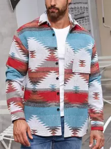 Manfinity Loose Fit Men's Geometric Pattern Patched Pocket Drop Shoulder Jacket - Multicolor - View 1