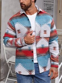 Manfinity Loose Fit Men's Geometric Pattern Patched Pocket Drop Shoulder Jacket - Multicolor - View 4