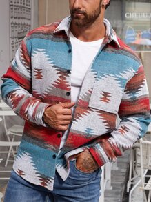 Manfinity Loose Fit Men's Geometric Pattern Patched Pocket Drop Shoulder Jacket - Multicolor - View 6