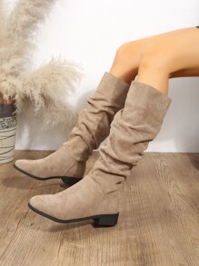 粗跟仿麂皮褶皺靴