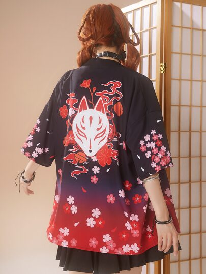 J-Fashion Floral & Cartoon Print Ombre Drop Shoulder Blouse