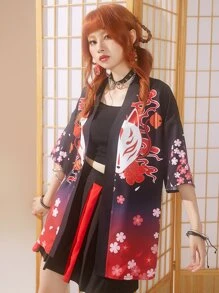 ROMWE J-Fashion Floral & Cartoon Print Ombre Drop Shoulder Blouse - Black - View 3