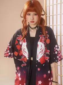 ROMWE J-Fashion Floral & Cartoon Print Ombre Drop Shoulder Blouse - Black - View 4