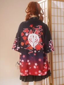 ROMWE J-Fashion Floral & Cartoon Print Ombre Drop Shoulder Blouse - Black - View 5