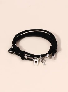 ATLVXJL 2pcs Classic Black Heart Lock & Key Charm Couple Bracelets - Multicolor - View 4