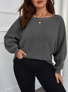 SHEIN LUNE Sweater Ukuran Plus Rib-Knit Plain Casual - Dark Grey - View 1