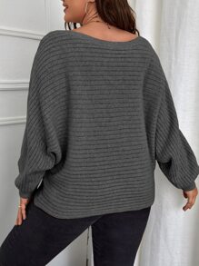 SHEIN LUNE Sweater Ukuran Plus Rib-Knit Plain Casual - Dark Grey - View 2