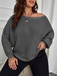 SHEIN LUNE Sweater Ukuran Plus Rib-Knit Plain Casual - Dark Grey - View 3
