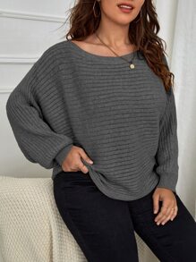 SHEIN LUNE Sweater Ukuran Plus Rib-Knit Plain Casual - Dark Grey - View 4