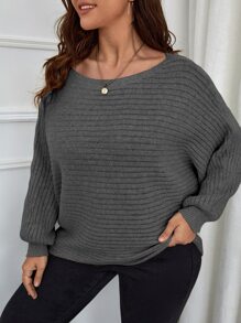 SHEIN LUNE Sweater Ukuran Plus Rib-Knit Plain Casual - Dark Grey - View 5