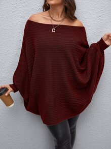 Calvaya 大码女式纯色针织露肩蝙蝠袖长款休闲套头毛衣，酒红色，春秋/秋冬季针织套头衫 - 紫紅色 - 查看 1