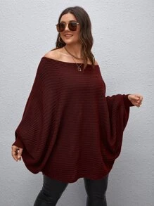 Calvaya 大码女式纯色针织露肩蝙蝠袖长款休闲套头毛衣，酒红色，春秋/秋冬季针织套头衫 - 紫紅色 - 查看 3
