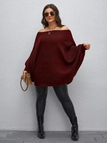 Calvaya 大码女式纯色针织露肩蝙蝠袖长款休闲套头毛衣，酒红色，春秋/秋冬季针织套头衫 - 紫紅色 - 查看 4