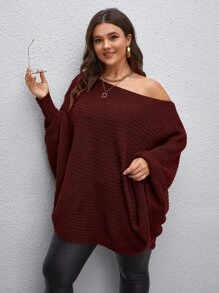 Calvaya 大码女式纯色针织露肩蝙蝠袖长款休闲套头毛衣，酒红色，春秋/秋冬季针织套头衫 - 紫紅色 - 查看 5