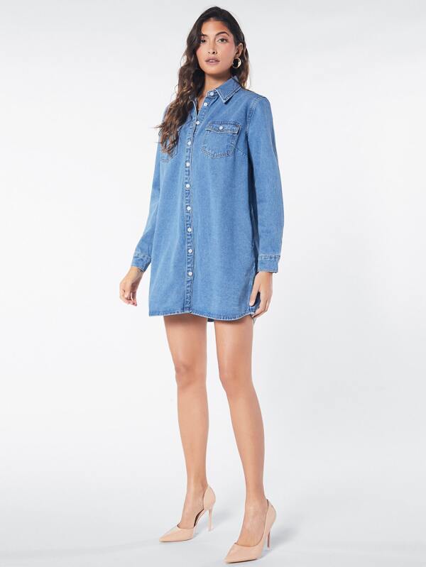 SHEINBlues Two Way Flap Pocket Button Front Denim Dress