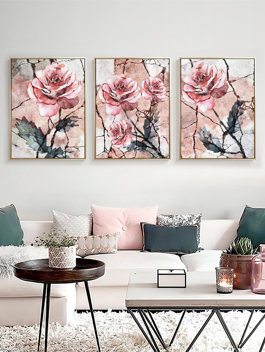 3pcs Artistic Pink Rose Canvas Paintings Without Frame - Multicolor - View 1