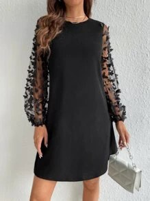 SHEIN Tall 網紗拼接貼花燈籠袖洋裝 - 黑色 - 查看 1